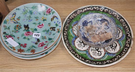 Four 19th century Chinese famille dishes etc.